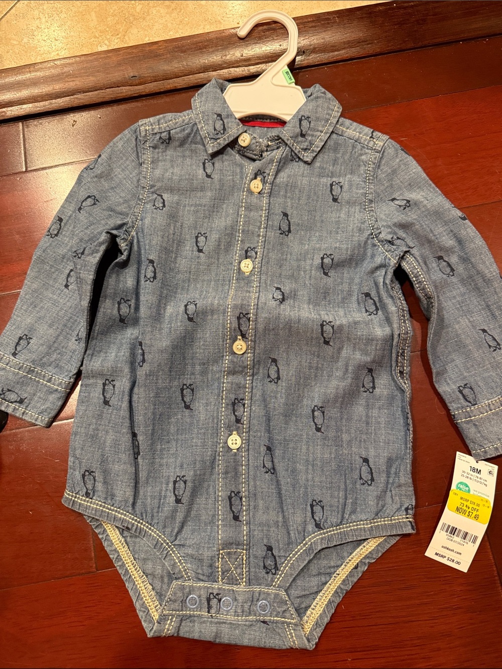 OshKosh B'gosh Denim-Look Penguin Button Front Long Sleeve Bodysuit - Blue